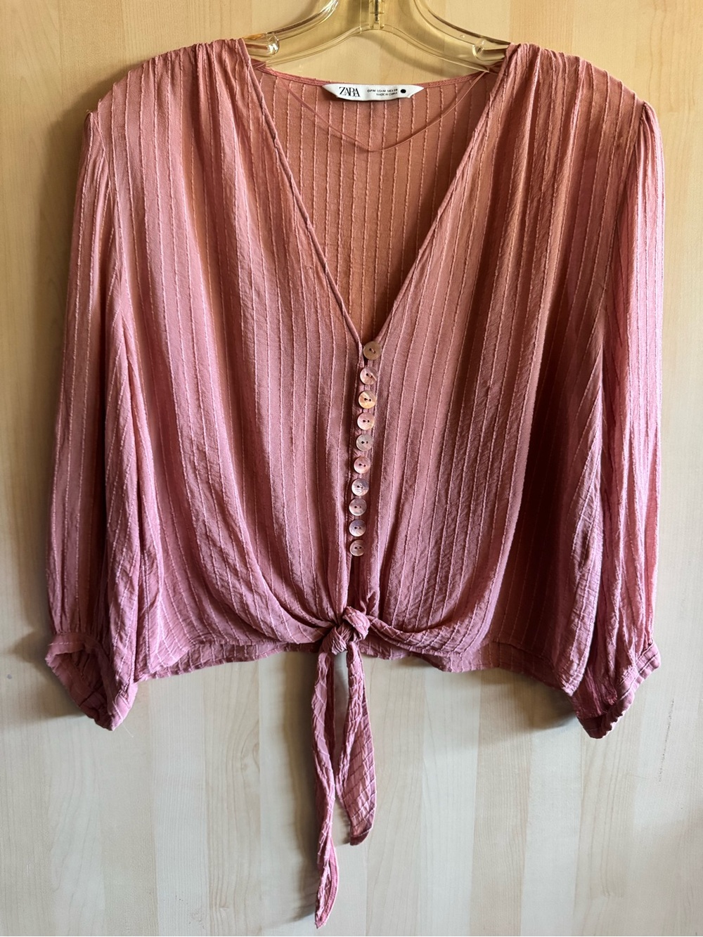 ZARA Dusty Rose Button-Front Tie Blouse